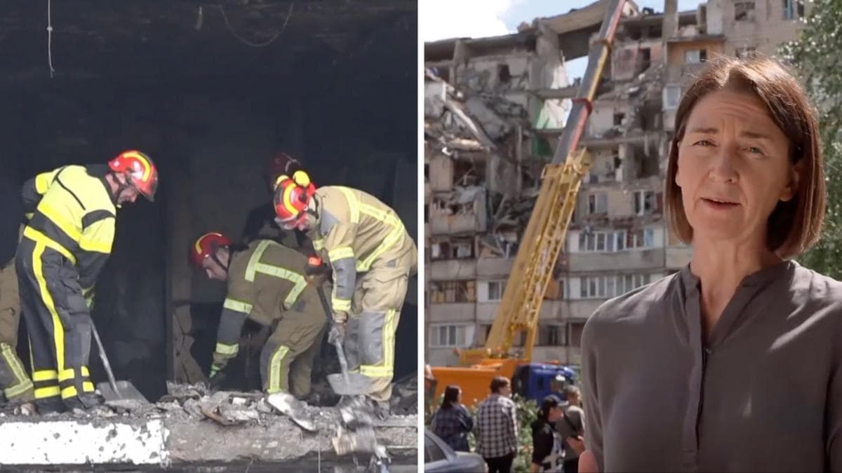 Watch: Russian attack leaves gaping hole in Kyiv residential building